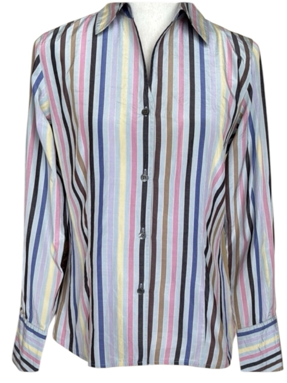 Doncaster Vintage Silk Cotton Blend Button Up Shirt Multi Color Stripes Preppy